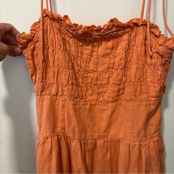 Free People Late Checkout Midi Linen Cotton Orange Smocked Dress Size M - Picture 4 of 7
